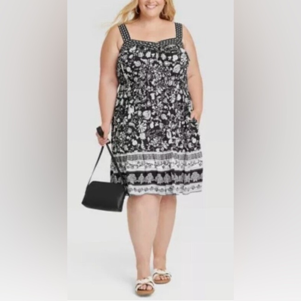 NWT Knox Rose Plus Size Button Down Sleeveless Black White Floral Boho Dress- 2